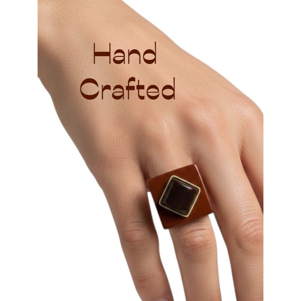Hand Crafted Rust Brown Cream Square Buttons Adjustable Ring NWT
